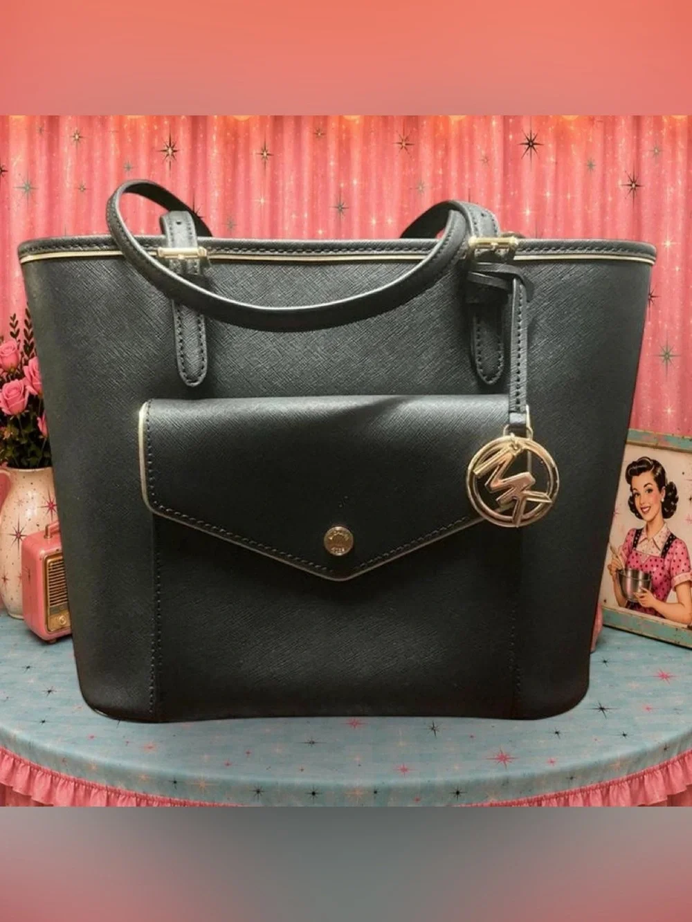 Michael Kors Saffiano Frame Black Leather Gold Tote Bag Medium – NWT